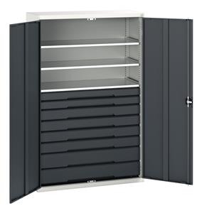 Verso kitted cupboard with 3 shelves, 8 drawers. WxDxH: 1300x550x2000mm. RAL 7035/5010 or selected Bott Verso Basic Tool Cupboards Cupboard with shelves